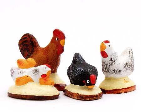 Santon 8 / 9 cm Animaux : Coq + 3 poules pour la crèche de Noël.